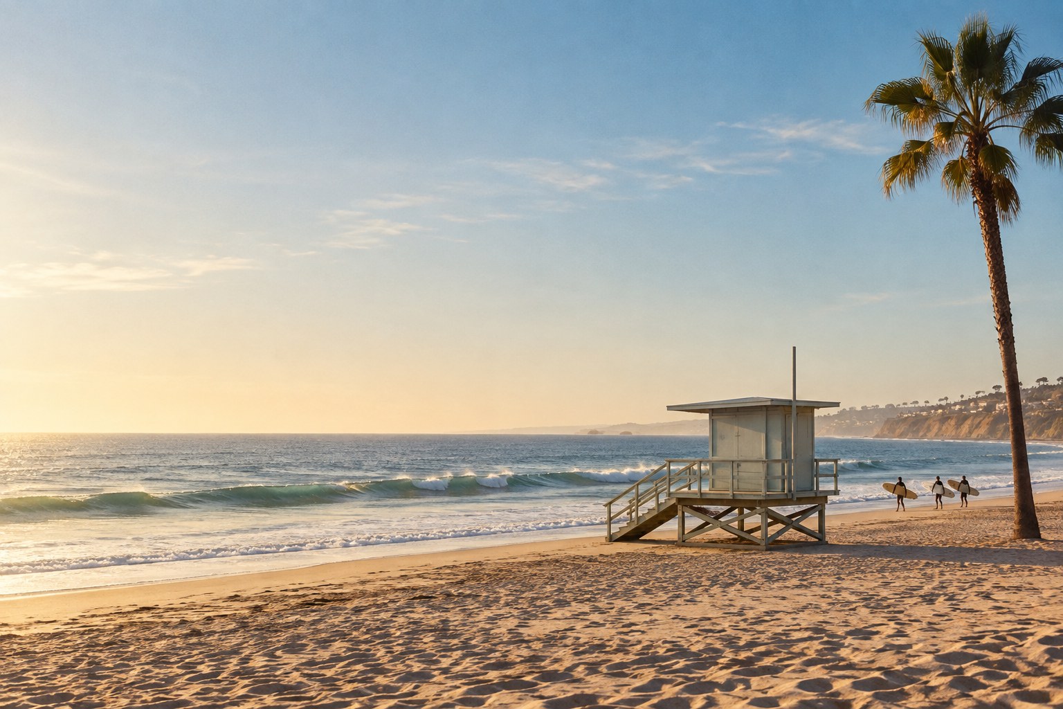 Sun-washed California beach beside the Pacific Ocean