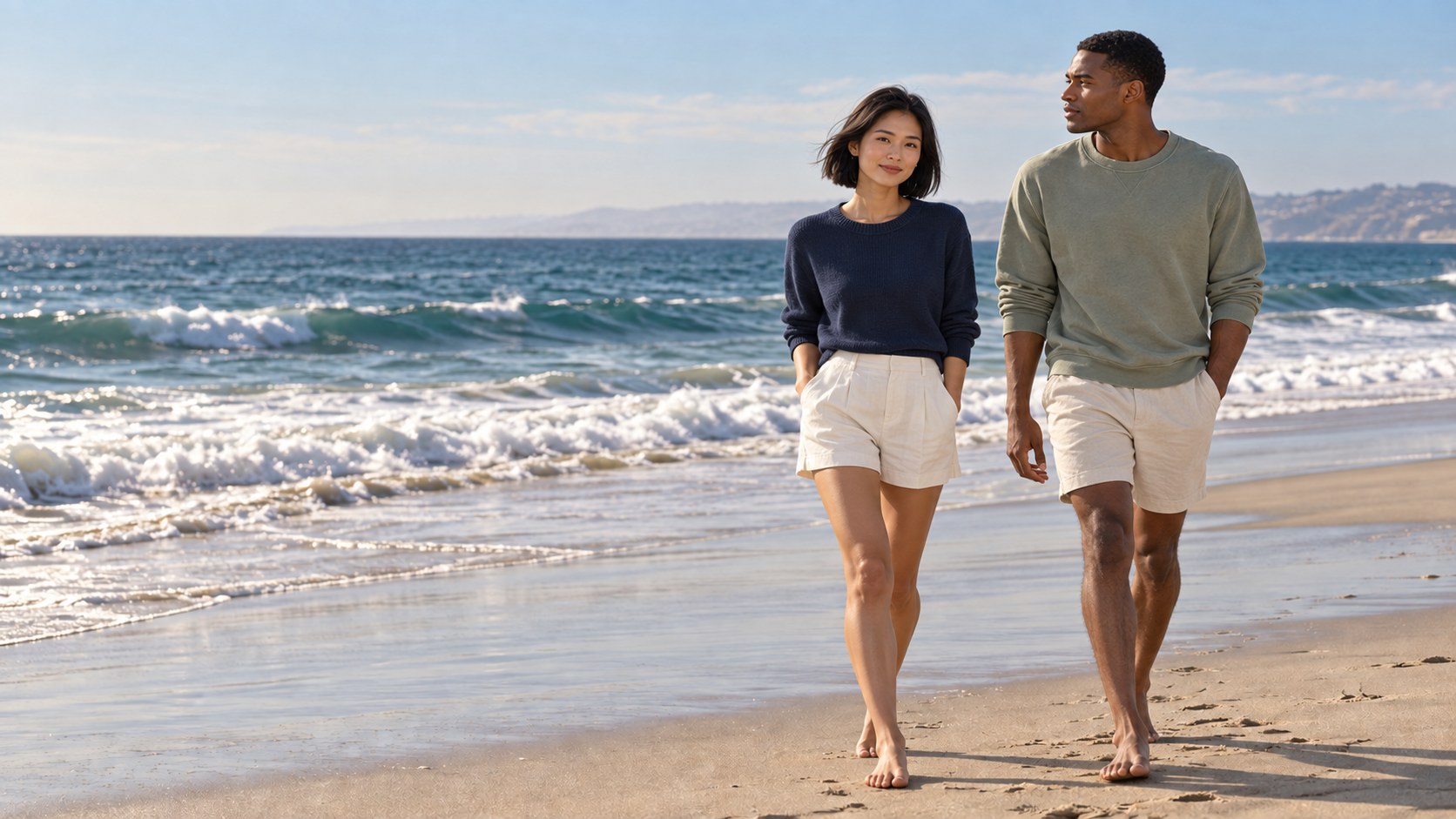 Woman and man in navy and sage layers walking along the beach